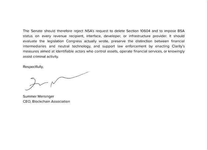 Closing page of a letter signed by Summer Mersinger, CEO of the Blockchain Association, urging the Senate to reject NSA's request to delete Section 10604 and impose BSA status on every revenue recipient.