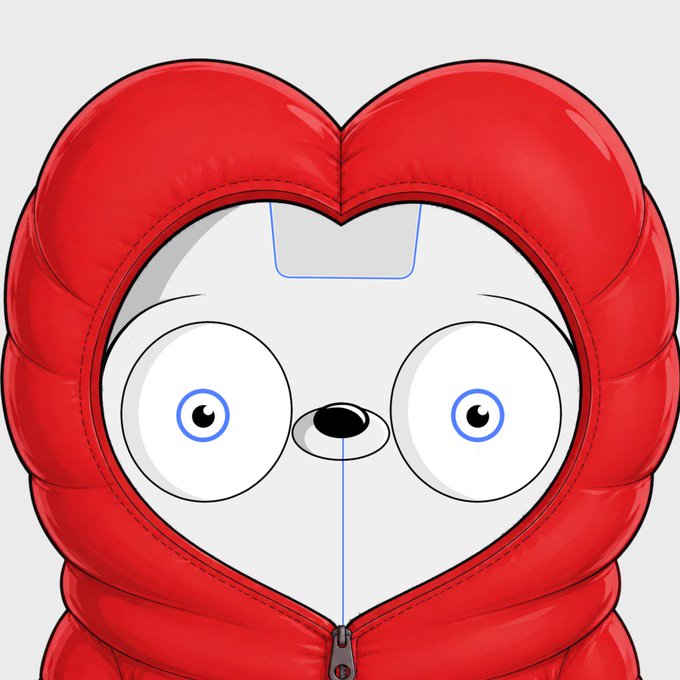 A digital illustration in progress of a character with an oversized red puffer hood, featuring large round eyes and a black nose.