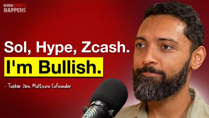 A podcast thumbnail from 'When Shift Happens' featuring Tushar Jain, Multicoin CoFounder, with the quote 'Sol, Hype, Zcash. I'm Bullish.' displayed in yellow highlight against a red background.