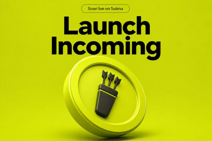 A promotional graphic with a bright yellow-green background displaying the bold text 'Launch Incoming' and 'Soon live on Solana' above a 3D-rendered coin featuring a quiver of arrows.