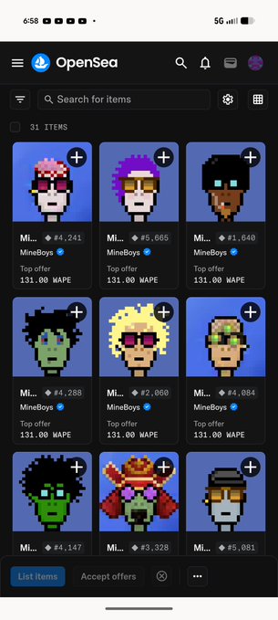 Screenshot of the OpenSea app showing a collection of "MineBoys" NFT pixel art characters available as top offers for 131.00 WAPE.