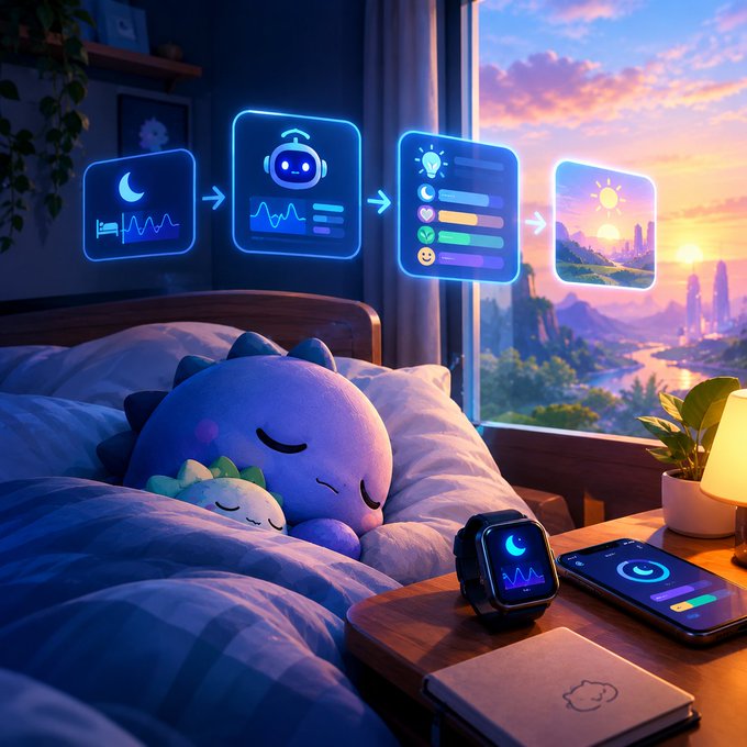 A digital illustration of a cute plush character sleeping in bed with holographic UI panels showing sleep tracking data, alongside a smartwatch and smartphone on the nightstand with a sunset view.