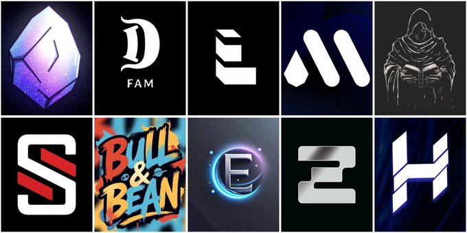 A grid of ten various tech and crypto-style brand logos on black backgrounds.