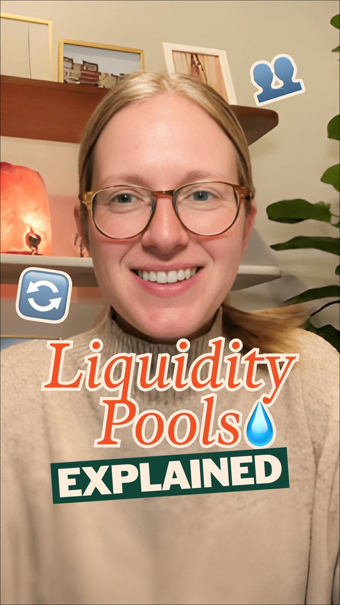 A blonde woman wearing glasses smiles in front of a shelf with framed photos and a plant, overlaid with the bold text "Liquidity Pools Explained" along with icons depicting a refresh/swap symbol, a contact/people icon, and a water droplet — visually introducing an educational explainer on how DeFi liquidity pools enable decentralized trading.
