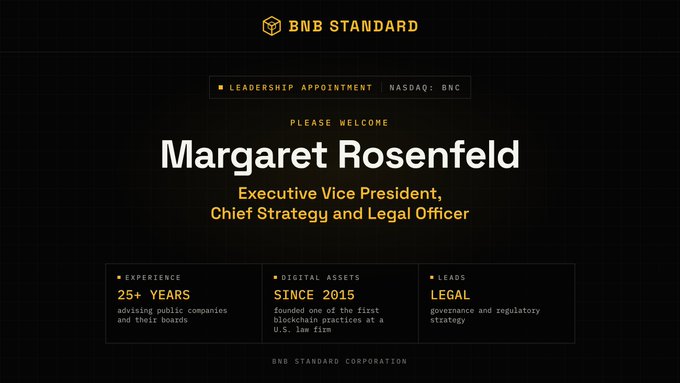 A dark BNB Standard appointment graphic welcomes “Margaret Rosenfeld, Executive Vice President, Chief Strategy and Legal Officer,” listing NASDAQ: BNC, 25+ years advising public companies and boards, digital assets since 2015, and legal governance and regulatory strategy.