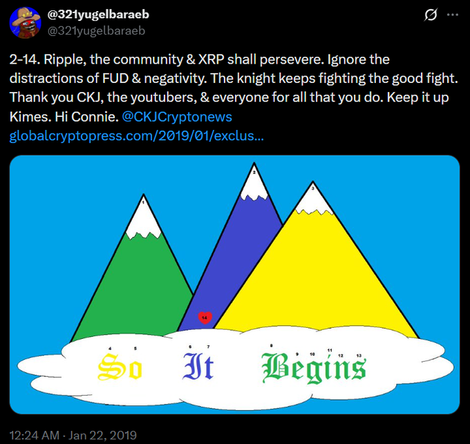 A tweet from @321yugelbaraaeb about Ripple and XRP, featuring a 'So It Begins' meme with three mountain peaks in green, blue, and yellow against a blue sky.