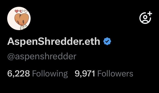 A Twitter profile screenshot for 'AspenShredder.eth' (@aspenshredder) with a verified blue checkmark, showing 6,228 Following and 9,971 Followers, with a profile picture of a cartoon dog.