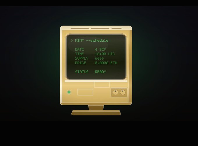 A vintage-style computer terminal displays a "MINT --schedule" screen with details: DATE 4 SEP, TIME 18:00 UTC, SUPPLY 6666, PRICE 0.0008 ETH, and STATUS READY. The image relates to the post by promoting an Ethereum-based NFT mint scheduled for September 4th at 18:00 UTC, with 6,666 tokens available at 0.0008 ETH each.