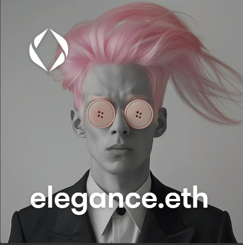A surreal, monochromatic portrait features a figure with vibrant pink hair styled in an updo, wearing oversized pink button "glasses" and a black suit with a white collar, accompanied by a white logo in the upper left. The text "elegance.eth" appears at the bottom, visually promoting the ENS domain highlighted in the post.