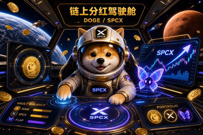 The image shows an animated graphic of a Shiba Inu dog in a spaceship driver's seat, wearing a helmet with an "X" on it. The dog appears excited about its mission as part of an advertisement for "DOGE", "SPCPX", and "portfolio". A character from this spaceship is shown using the keyboard controls to interact with the game environment. This playful representation helps promote the products, creating a fun and engaging visual experience that catches viewers' attention.
