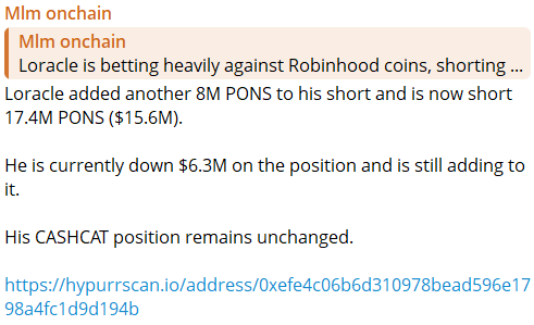 A screenshot of a tweet or article by 'Mlm onchain' stating that Oracle is betting heavily against Robinhood coins and is shorting PONS. The text notes Oracle is down $6.3M on the position and provides a Hypurrscan link for the wallet.