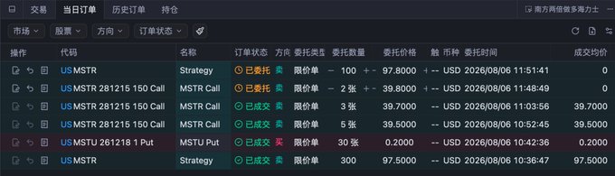 A cryptocurrency trading interface in Chinese showing active and historical orders for MSTR and MSTRU, including Strategy, MSTR Call, and MSTRU Put positions with USD pricing and timestamps from August 2026.