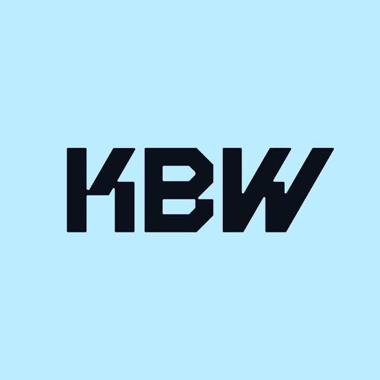 The letters 'KBW' are displayed in bold black font on a light blue background.