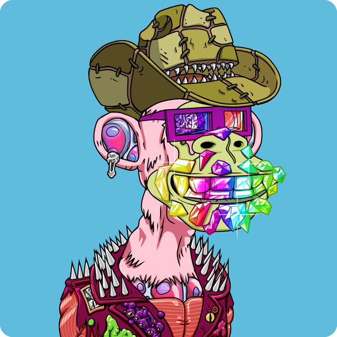 A vibrant cartoon NFT-style illustration of a punk monkey character wearing a patched cowboy hat, 3D glasses, and a spiked jacket with multicolored gem-encrusted teeth.