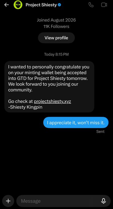 A direct message conversation with 'Project Shiesty' (11K followers, joined August 2026) congratulating the user on being accepted into GTD for a minting wallet, linking to 'projectshiesty.xyz'.