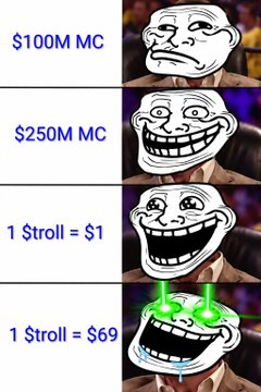 The image is a four-panel meme using the "Increasingly Excited Trollface" format to humorously illustrate escalating lottery win scenarios: "$100M MC," "$250M MC," "1 Stroll = $1," and "1 Stroll = $69," with the final panel showing the trollface with glowing green eyes, drooling in excitement. The meme relates to the post's message about the relative ease of becoming wealthy by accumulating smaller lottery wins, suggesting that even modest prizes like $1 or $69 can make you rich when compounded.