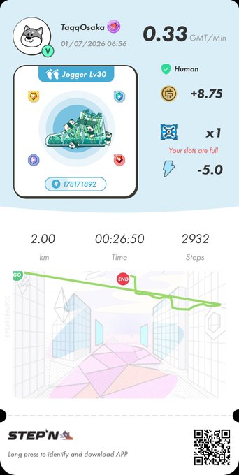 A STEP'N app screenshot showing a move-to-earn sneaker NFT transaction by TaqqOsaka, with a 2.00 km walk, 26:50 time, 2932 steps, and earnings of +8.75.