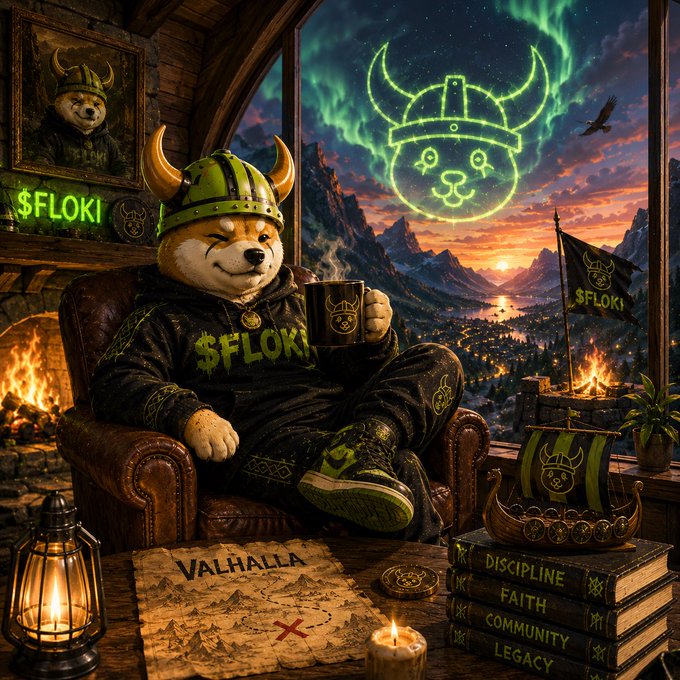 A relaxed Shiba Inu character wearing a Viking helmet and a "$FLOKI" hoodie sits in a leather chair holding a mug, with the neon $FLOKI logo glowing in the sky above a Viking-themed landscape. A map marked "VALHALLA" and books labeled "DISCIPLINE," "FAITH," "COMMUNITY," and "LEGACY" reinforce the Floki Viking brand narrative for the newly launched Meme & Art Hub.
