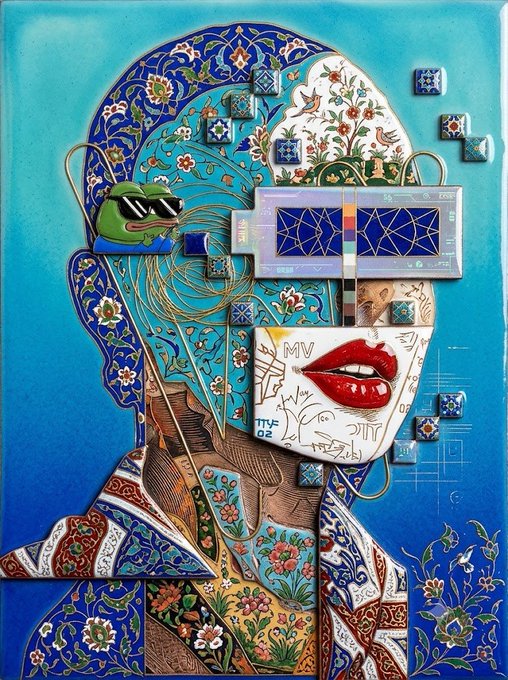 A vibrant mixed-media portrait of a stylized figure featuring a face mask of red lips, a digital display over the eyes, and a frog wearing sunglasses, all set against intricate Persian-style floral tile patterns in blues and turquoise. The code "U9HA38FTVG" is not visible in the image itself, but the artwork's fusion of traditional ornamental art with futuristic and digital elements visually echoes the theme of integrating new technology or protocols into established systems.