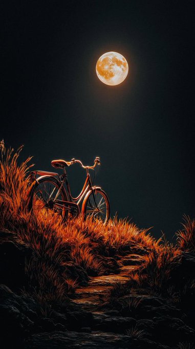 A stylized digital illustration depicts a red bicycle parked in a field of orange grass under a bright full moon in a dark night sky.