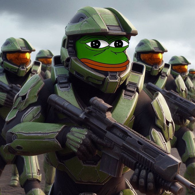 A surreal image featuring Master Chief-style armored soldiers in green Spartan armor from Halo, with the central figure's helmet replaced by a Pepe the Frog meme face, all holding futuristic rifles.