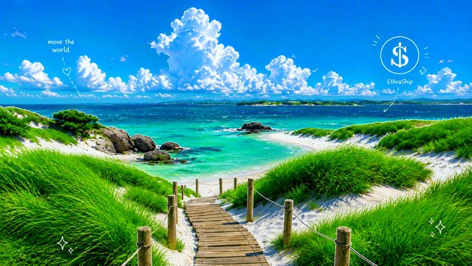 A vibrant tropical beach scene with a wooden boardwalk leading through lush green dunes toward turquoise waters, featuring the "EthraShip" logo and a "move the world." tagline, which ties into the post's message about maritime infrastructure meeting Web3 through a grounded, referral-driven approach.