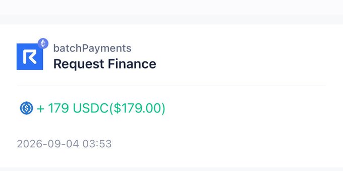 A screenshot of a batchPayments app showing a finance request of +179 USDC ($179.00) dated 2026-09-04 03:53.