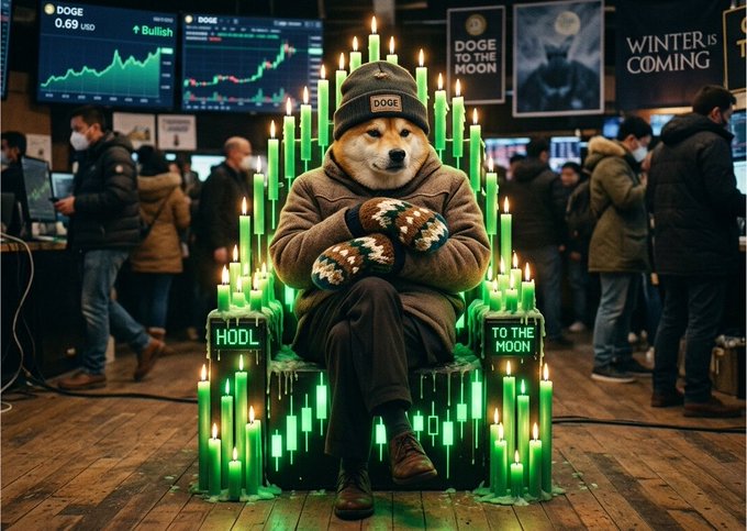 A Shiba Inu wearing a "DOGE" beanie sits on a throne of green candles, with "DOGE TO THE MOON" and "HODL" inscribed on the armrests, "WINTER IS COMING" displayed on a screen, and a chart showing DOGE at $0.69 USD marked "Bullish" in the background—visually reinforcing the post's call for Dogecoin to reach $1.