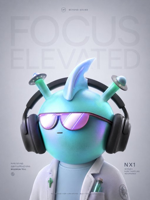 An advertisement for 'NX1' wireless headphones features a teal alien-like character wearing purple sunglasses, with the text 'FOCUS ELEVATED' and 'BEYOND SOUND' in the background.