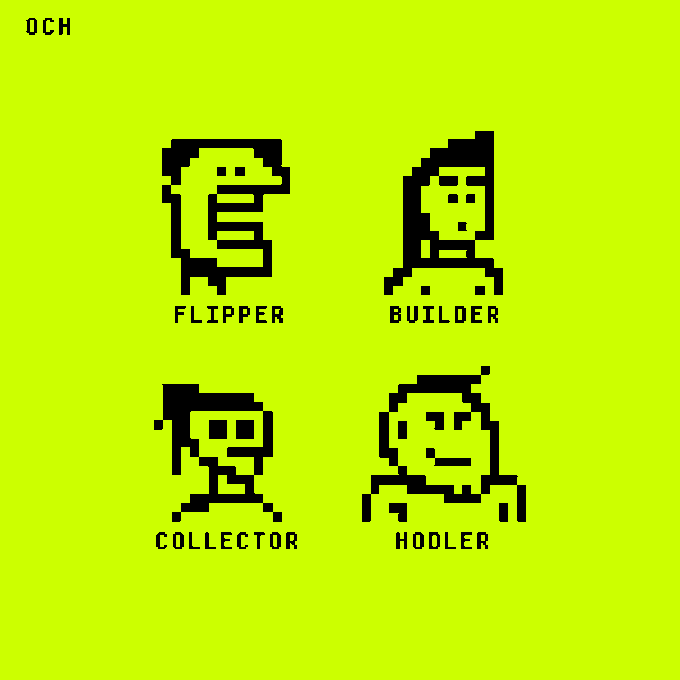 A bright yellow-green pixel art poster displaying four character icons labeled 'FLIPPER', 'BUILDER', 'COLLECTOR', and 'HOOLER' with 'OCH' in the top left corner.