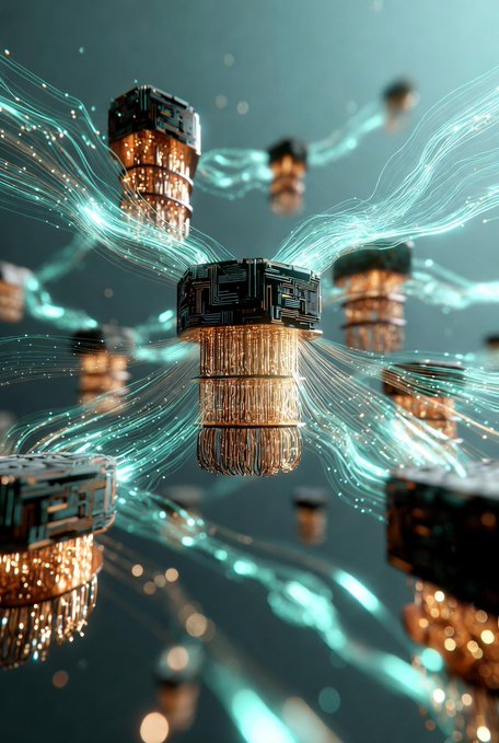 A 3D digital rendering of cylindrical computer chips or microprocessors connected by glowing teal and orange data streams.