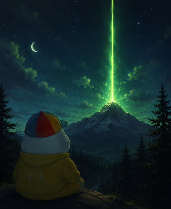 A digital painting depicts a character wearing a colorful cap and yellow hoodie with 'fik' on the back, sitting and gazing at a mountain emitting a vertical green beam of light under a starry sky with a crescent moon.
