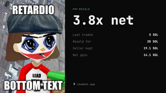 A meme image features a character wearing a hat with the text 'RETARDIO BOTTOM TEXT' overlaid, alongside resale statistics showing a '3.8x net' gain with details like 'Last traded 5 SOL', 'Resold for 20 SOL', and 'Net gain 14.1 SOL' from chadbot.app.