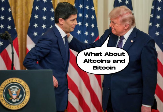 Two men in suits stand before American flags in what appears to be the White House, with a speech bubble reading 'What About Altcoins and Bitcoin'.