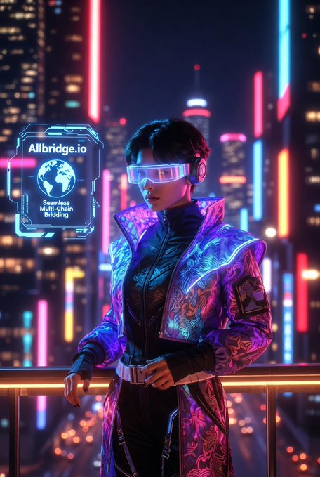 The image features a woman standing on a balcony, wearing a futuristic outfit that includes a purple coat with neon lights. She has a serious expression as she looks off into the distance. The caption of the image reads "Focus on what is in the image and how it relates to the post".