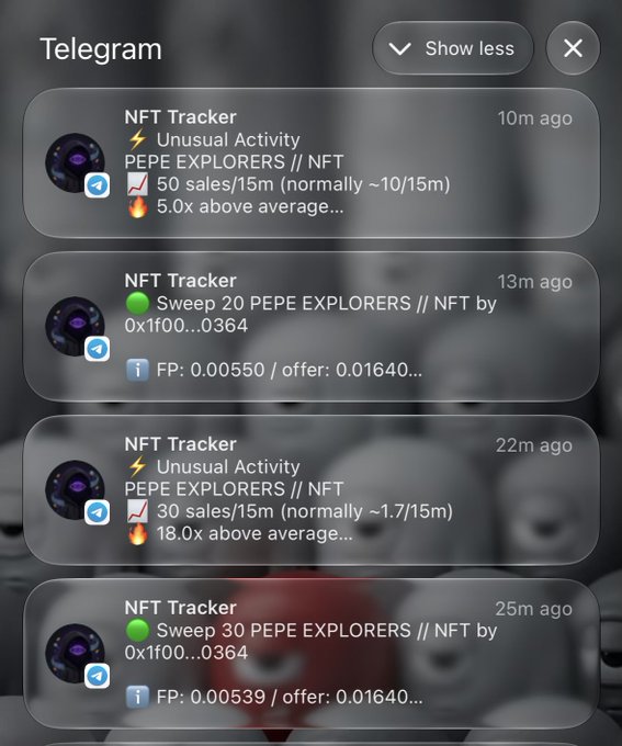 The image shows a Telegram notification feed from "NFT Tracker" displaying multiple alerts about PEPE EXPLORERS NFT activity, including unusual activity reports (50 sales/15m and 30 sales/15m) and sweep notifications (20 and 30 NFTs swept by wallet 0x1f00...0364) at floor prices around 0.0055 ETH, with the most recent alerts timestamped within the last 25 minutes. The notifications align with the post's sentiment, capturing the exciting moment of seeing one's NFT collection being swept by a buyer.