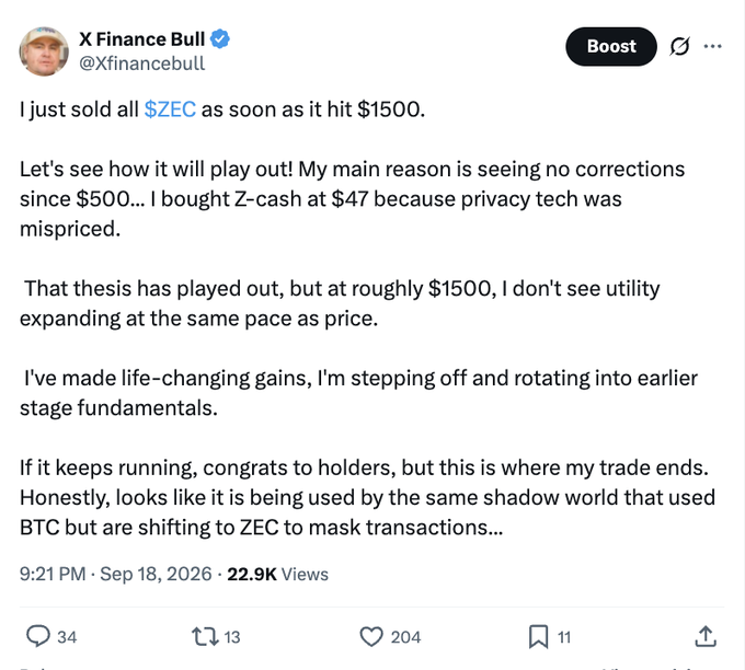 A tweet from X Finance Bull (@Xfinancebull) dated September 18, 2026, announcing the sale of all $ZEC at $1500 after buying at $47, citing concerns about utility not keeping pace with price. This represents the first part of the trading sequence described, where the $ZEC profits were subsequently rotated into $QNT.