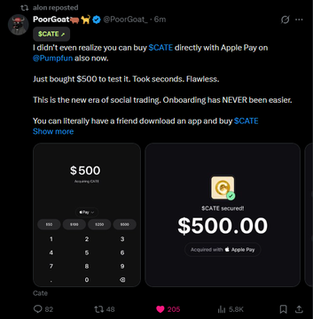 A tweet from @PoorGoat shows a successful $500 $CATE purchase made directly through Apple Pay on PumpFun, with screenshots of the purchase amount entry screen and confirmation screen displaying "Acquired with Apple Pay." This relates to Alon's retweet highlighting the new, seamless onboarding experience for buying meme coins like $CATE with just a few clicks.