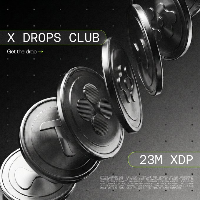 A sleek promotional graphic for the "X Drops Club" displays metallic coins featuring the XDP logo arranged diagonally against a dark background, with the headline "23M XDP" and a "Get the drop" call-to-action, advertising a new European crypto promotion where traders can earn a share of 23 million $XDP tokens with a 3× boost on $XDP trades.