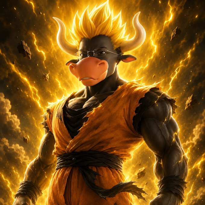 The image shows a muscular bull with spiky blonde Super Saiyan hair, horns, glasses, and a torn orange martial arts gi, standing against a dramatic background of golden lightning and clouds. The post references "Bull" as a nickname for CZ (Changpeng Zhao), founder of Binance, with the image humorously portraying him as a powerful anime-style "bull" warrior representing the $BNB community.