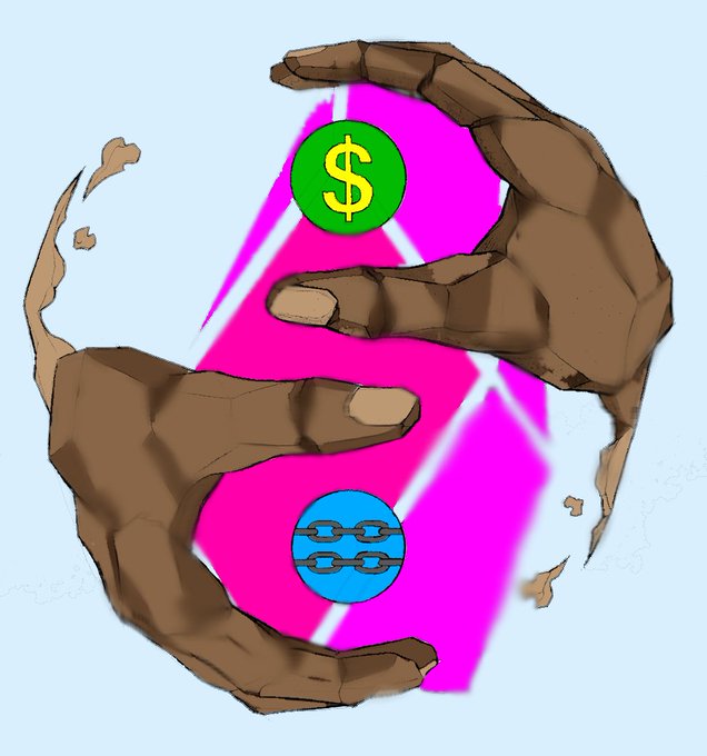 An illustration of two hands reaching toward each other over a pink glowing background, with a green circle containing a yellow "$" symbol at the top and a blue circle with a chain symbol at the bottom.