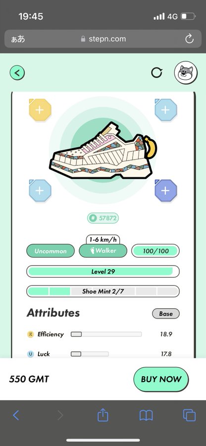A STEPN mobile web interface displaying an Uncommon Walker sneaker NFT at Level 29, with shoe mint 2/7, attributes showing Efficiency 18.9 and Luck 17.8, priced at 550 GMT with a 'BUY NOW' button.