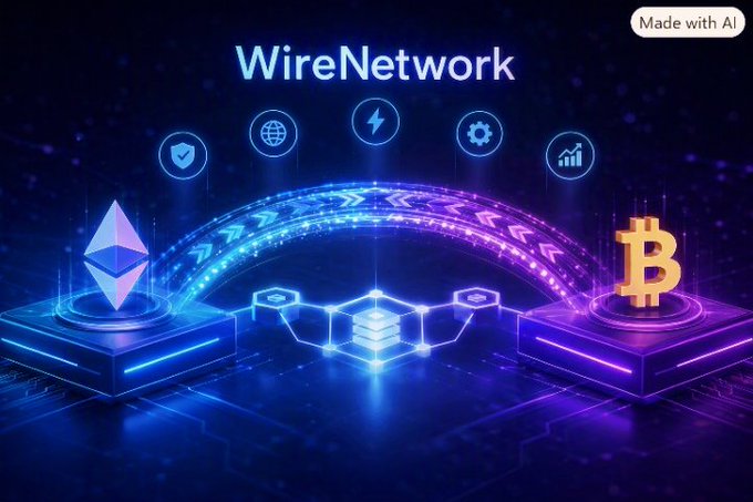 An AI-generated graphic titled "WireNetwork" displays a glowing blue and purple blockchain bridge connecting an Ethereum logo to a Bitcoin logo, with icons for security, network, energy, settings, and growth floating above.