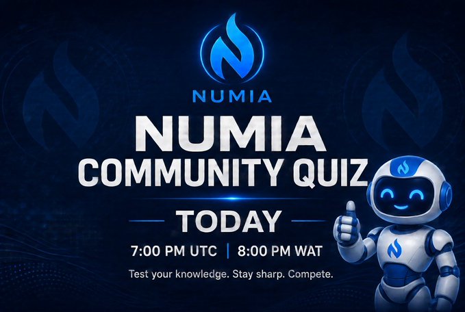 A promotional graphic for 'NUMIA COMMUNITY QUIZ TODAY' at 7:00 PM UTC | 8:00 PM WAT, featuring a blue and white robot mascot giving a thumbs up and the tagline 'Test your knowledge. Stay sharp. Compete.'