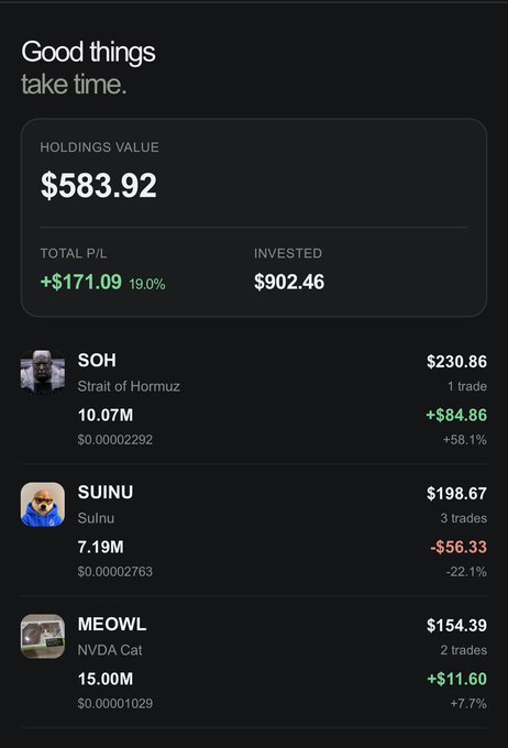A cryptocurrency portfolio screenshot titled 'Good things take time,' showing a holdings value of $583.92 with a total P/L of +$171.09 (19.0%), listing tokens including SOH (Strait of Hormuz), SUINU (SuInu), and MEOWL (NVDA Cat).