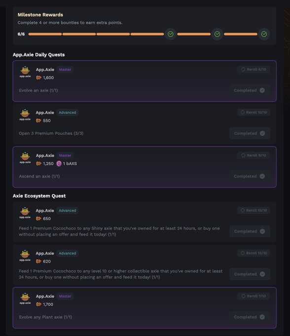 A screenshot of a "Milestone Rewards" page showing 6/6 completed bounty quests, including App.Axie Daily Quests (Evolve an axie for 1,600 BP, Open 3 Premium Pouches for 550 BP, and Ascend an axie for 1,250 BP) and Axie Ecosystem Quests (feeding Premium Cocochocho to Shiny/level 10+ collectible axies for 650/620 BP, and evolving a Plant axie for 1,700 BP). The image illustrates the post's point about the bounty board and terrarium systems being synergistic, as completing these bounties directly aligns with terrarium progression tasks like evolving, ascending, and feeding axies—allowing players to "double dip" their rewards.