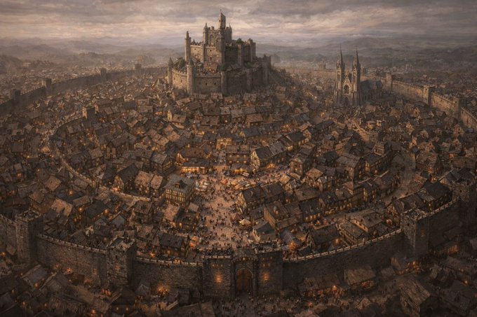 An aerial view of a medieval walled city with a castle on a hill at its center, surrounded by dense urban buildings under a hazy sky.