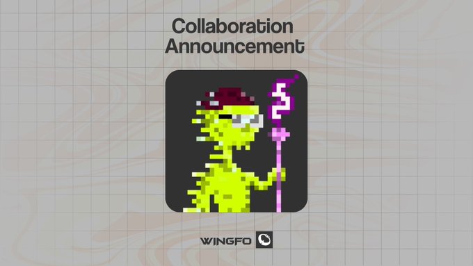 A 'Collaboration Announcement' graphic featuring a pixel art green lizard wearing a red beret and sunglasses, holding a pink staff, with the WINGFO logo at the bottom.