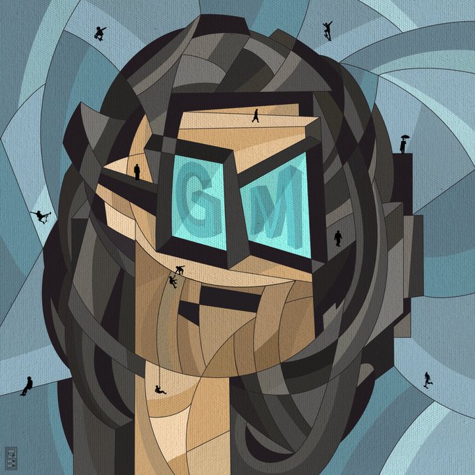 A stylized cubist-style digital illustration of a face wearing a complex helmet with cyan visor panels displaying the letters 'GM', surrounded by small silhouetted figures.