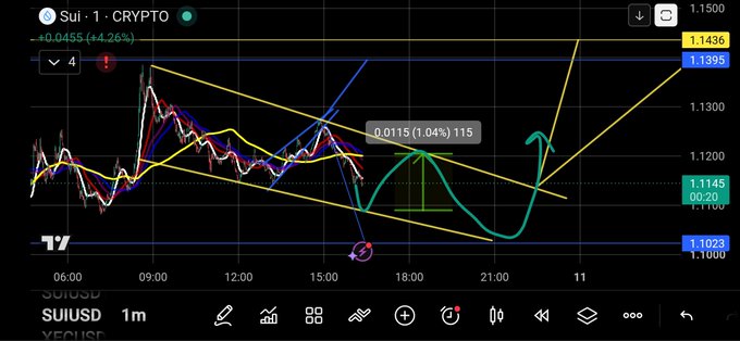 A cryptocurrency trading chart for "Sui · 1 · CRYPTO" showing price movements with yellow and blue trendlines, displaying a price of 1.1145 and a change of +0.0455 (+4.26%).
